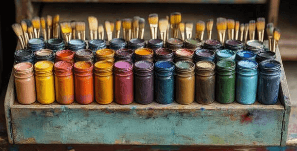 Colorful jars of paint with brushes arranged on a rustic surface.
